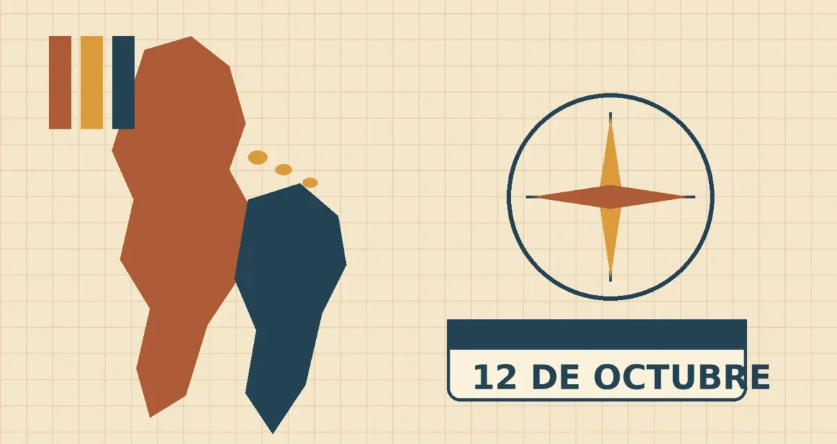 Ilustración con un mapa estilizado de América, una brújula y un calendario que marca el 12 de octubre