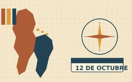 Ilustración con un mapa estilizado de América, una brújula y un calendario que marca el 12 de octubre