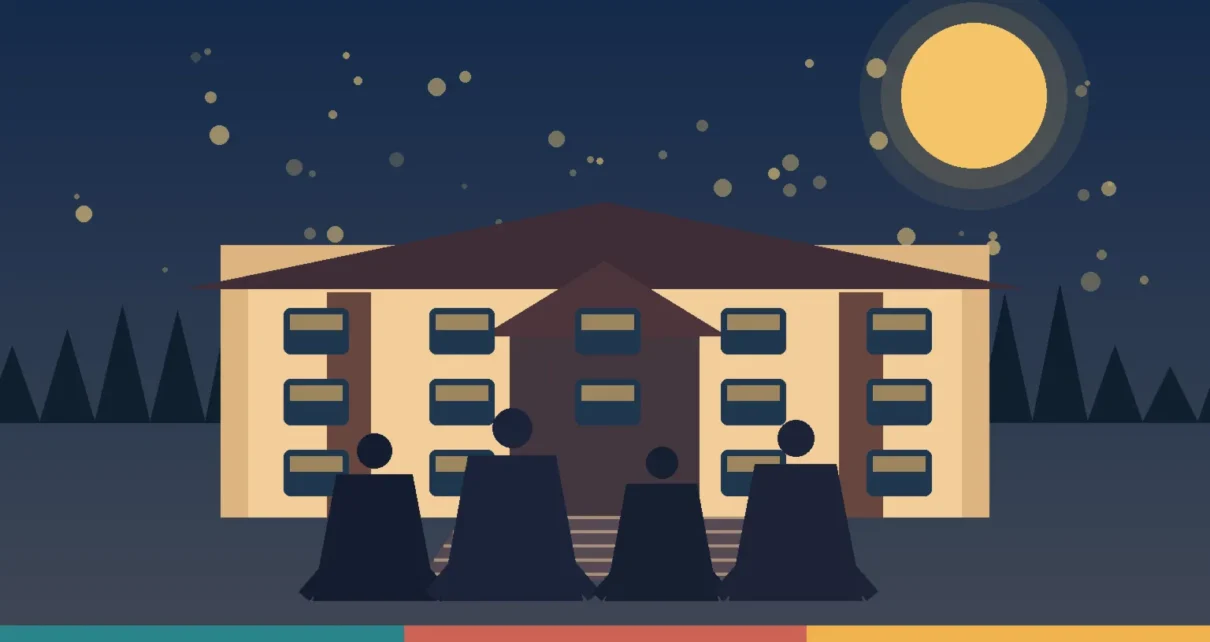 Ilustración editorial de un campus universitario al atardecer con estudiantes anónimos en primer plano