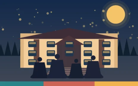 Ilustración editorial de un campus universitario al atardecer con estudiantes anónimos en primer plano