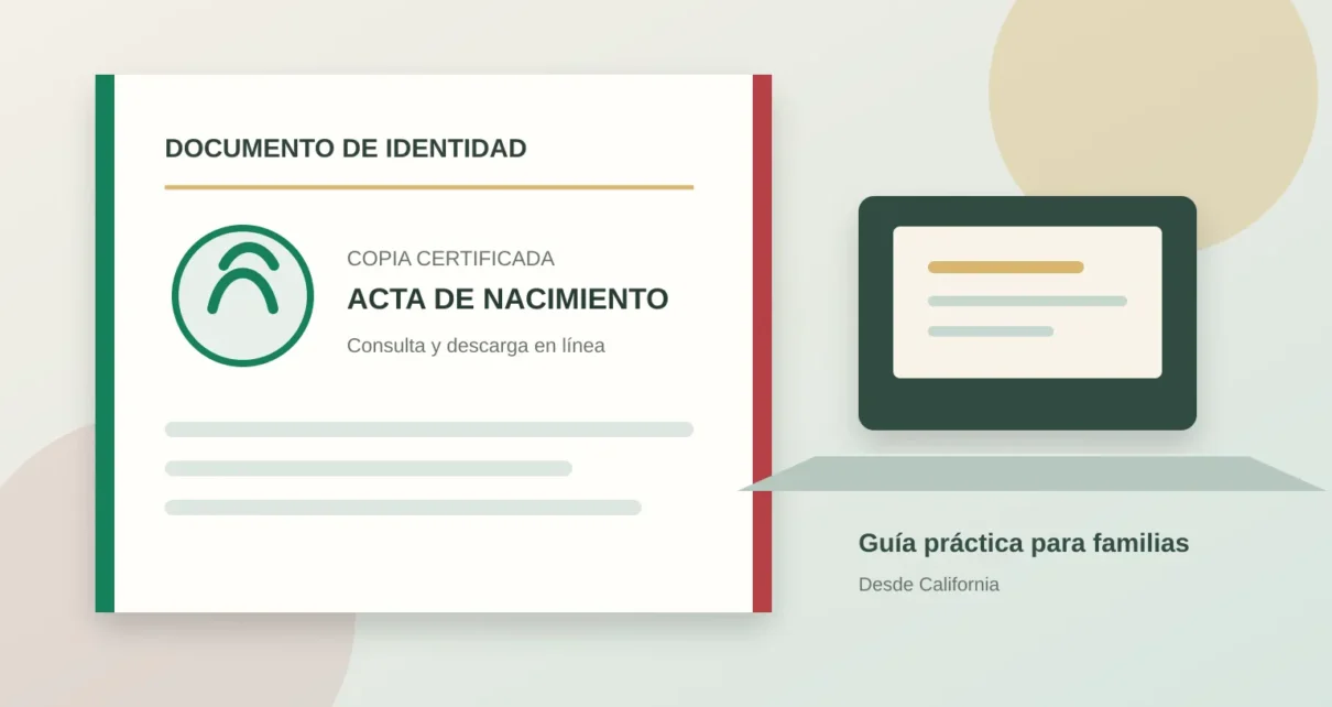 Ilustración de una copia certificada de acta de nacimiento mexicana junto a una computadora