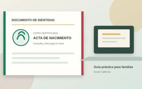 Ilustración de una copia certificada de acta de nacimiento mexicana junto a una computadora