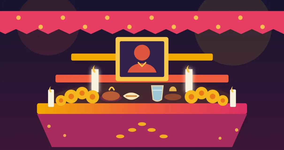 Altar ilustrado de Día de Muertos con flores, velas, agua y alimentos.