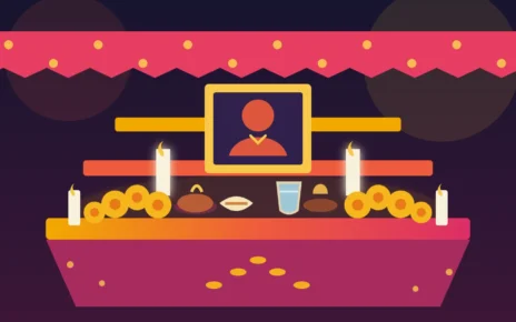 Altar ilustrado de Día de Muertos con flores, velas, agua y alimentos.