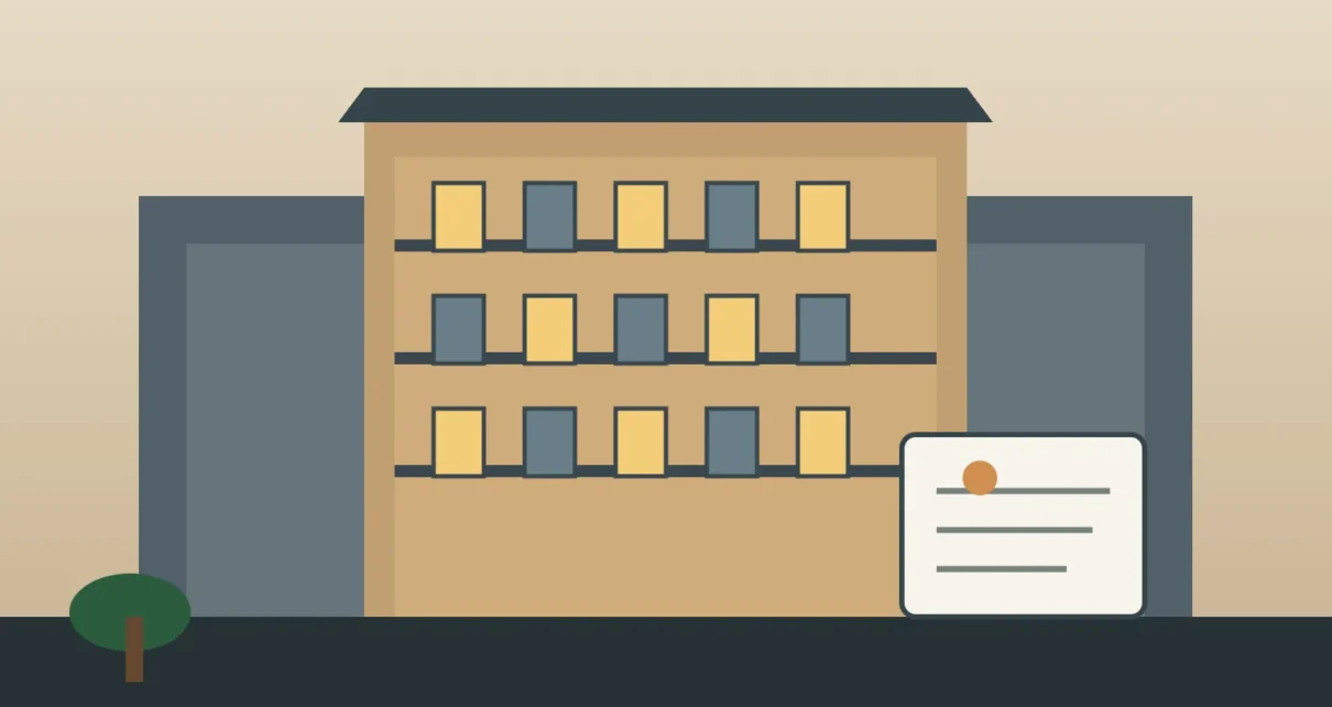 Edificio de apartamentos y documento de alquiler en una ilustración editorial