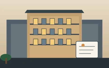 Edificio de apartamentos y documento de alquiler en una ilustración editorial