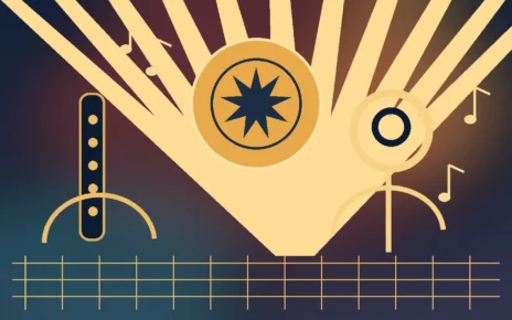 Ilustración editorial con instrumentos de banda y un medallón dorado