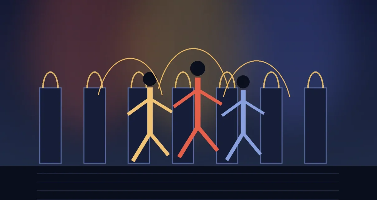 Ilustración editorial de bailarines en una competencia universitaria en Los Ángeles