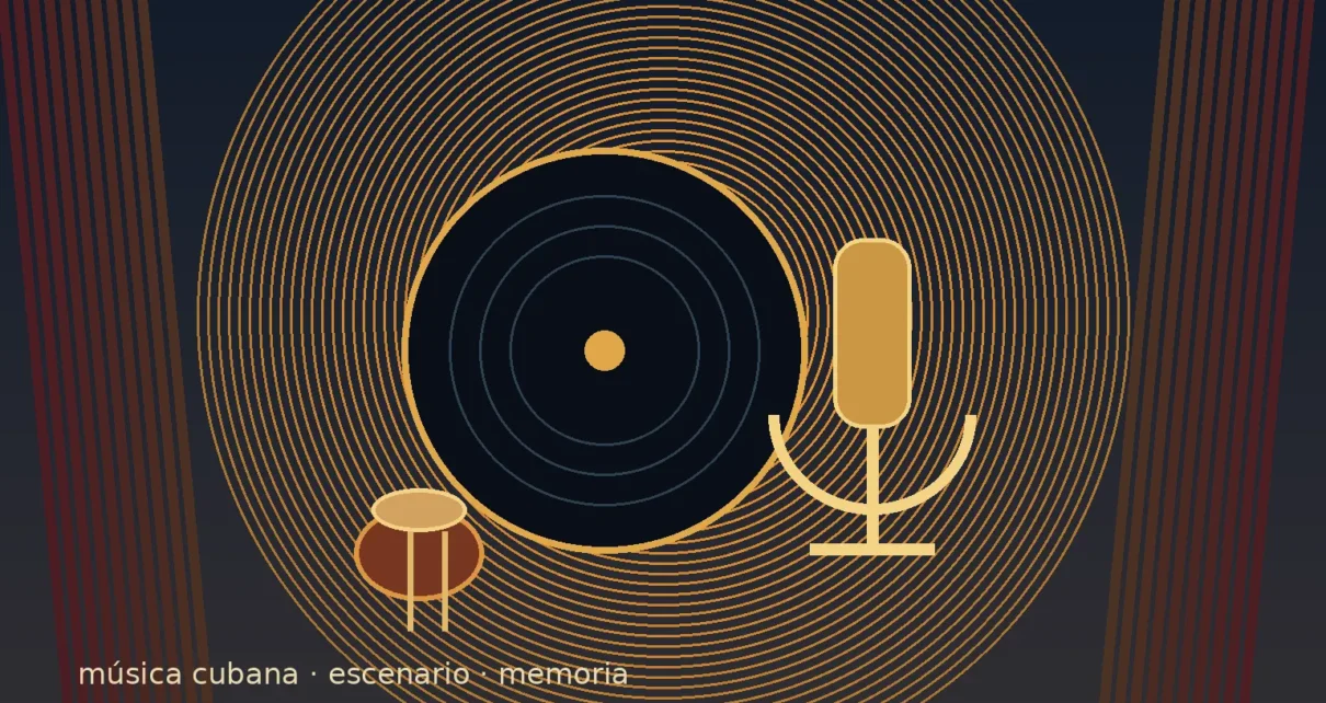 Disco de vinilo, micrófono y percusión bajo luces cálidas de escenario