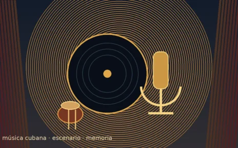 Disco de vinilo, micrófono y percusión bajo luces cálidas de escenario