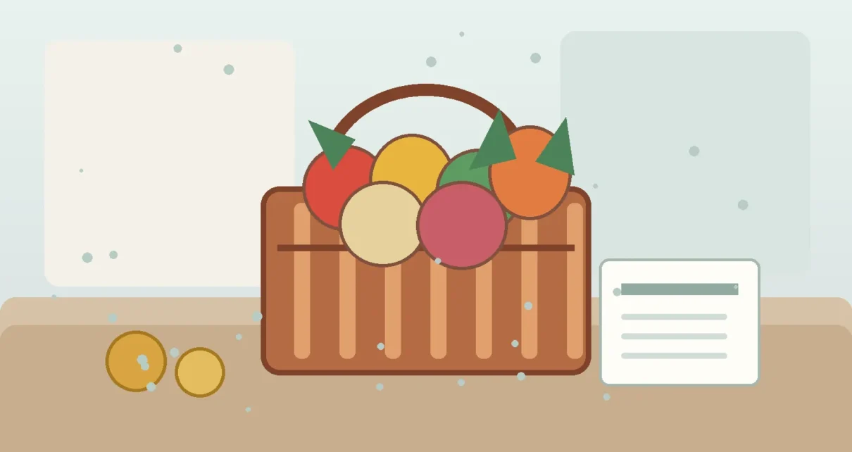 Canasta con frutas y una tarjeta de beneficios junto a un formulario ilustrativo