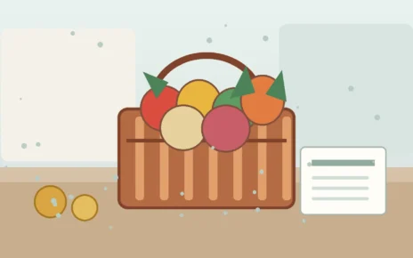 Canasta con frutas y una tarjeta de beneficios junto a un formulario ilustrativo