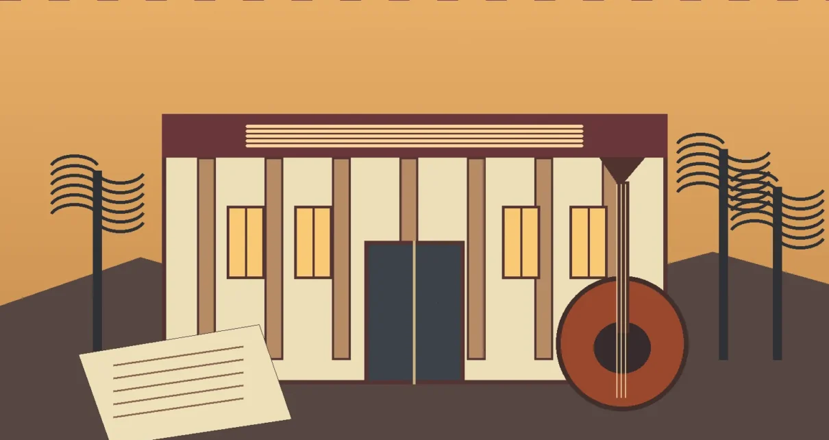 Ilustración de una biblioteca de Wilmington con una guitarra y documentos que evocan la historia de California