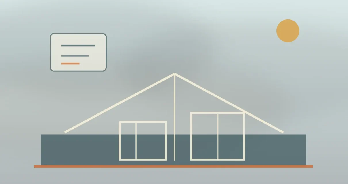 Ilustración de una vivienda en reconstrucción sobre planos, con tonos de humo y luz cálida