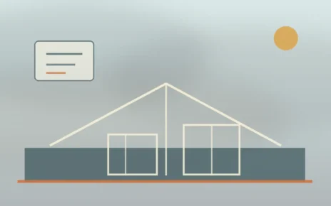 Ilustración de una vivienda en reconstrucción sobre planos, con tonos de humo y luz cálida