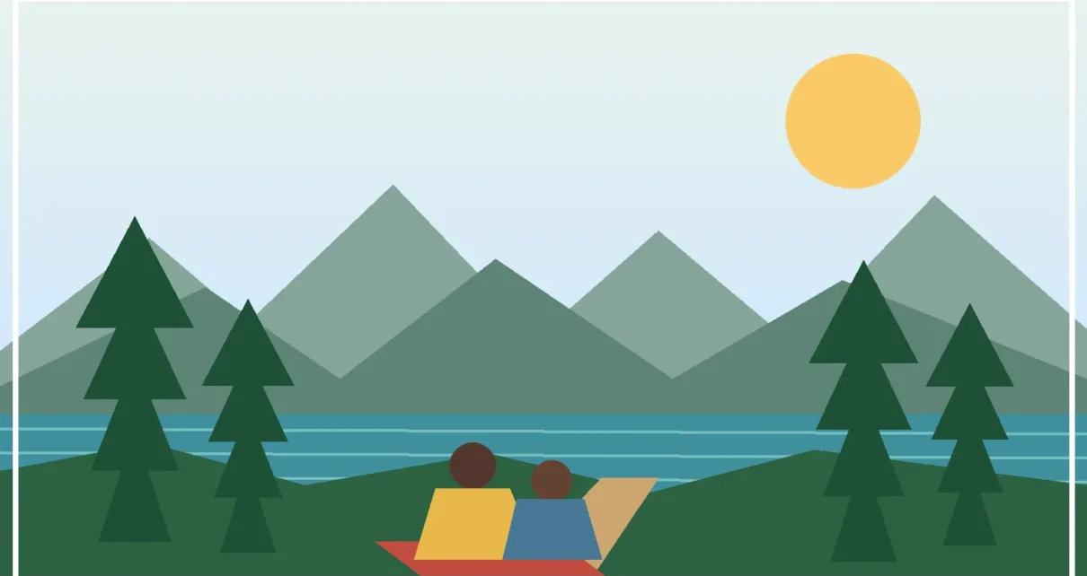 Ilustración de un parque estatal de California con montañas, pinos, agua y una familia en un sendero
