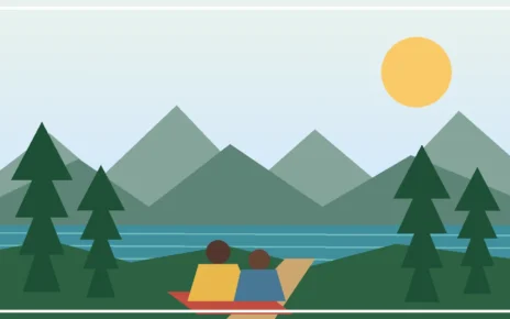 Ilustración de un parque estatal de California con montañas, pinos, agua y una familia en un sendero