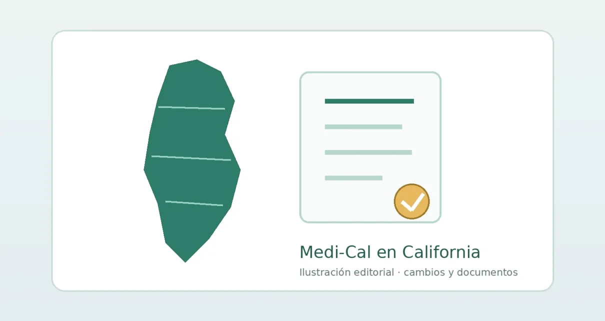 Ilustración editorial de una tarjeta de cobertura médica y documentos de Medi-Cal en California