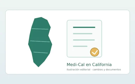 Ilustración editorial de una tarjeta de cobertura médica y documentos de Medi-Cal en California