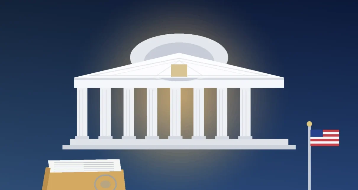 Ilustración de un edificio federal con columnas y un expediente de documentos sobre fondo azul