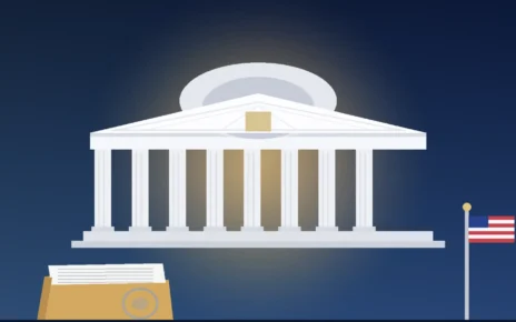 Ilustración de un edificio federal con columnas y un expediente de documentos sobre fondo azul