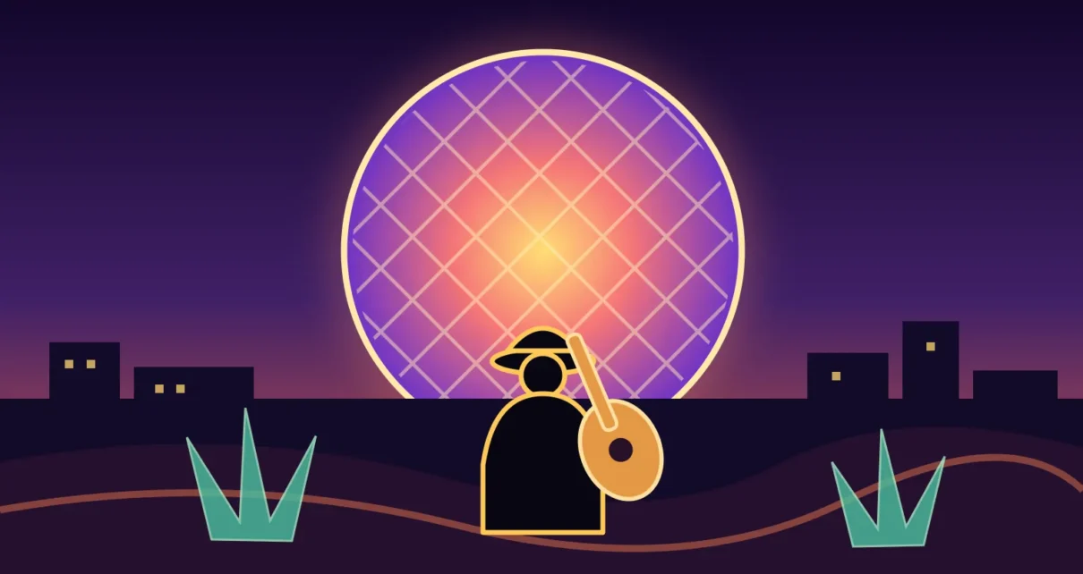 Ilustración de un músico con guitarra frente a una esfera luminosa y el perfil nocturno de Las Vegas.