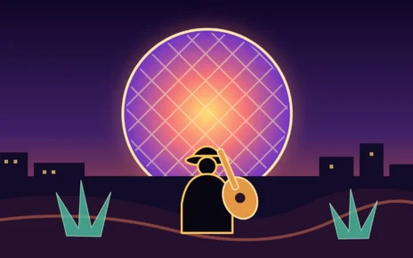 Ilustración de un músico con guitarra frente a una esfera luminosa y el perfil nocturno de Las Vegas.