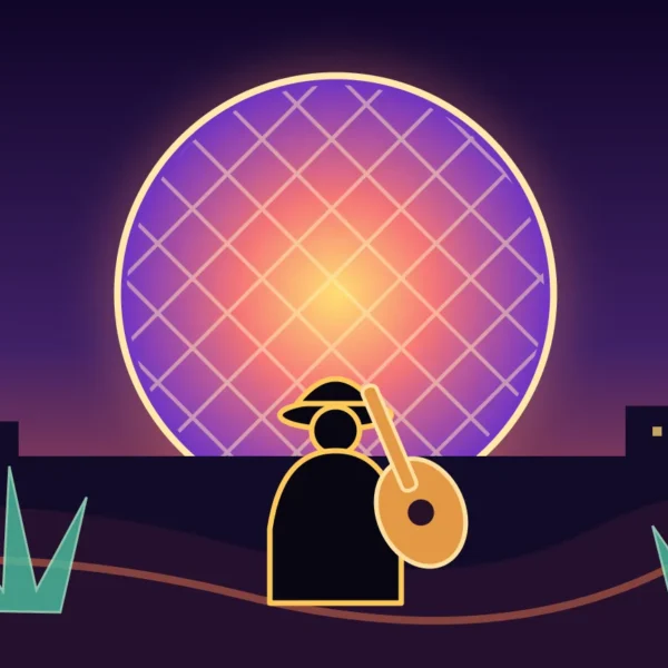 Ilustración de un músico con guitarra frente a una esfera luminosa y el perfil nocturno de Las Vegas.