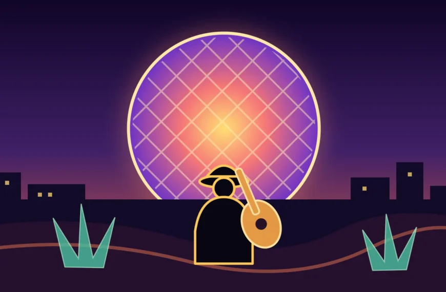 Ilustración de un músico con guitarra frente a una esfera luminosa y el perfil nocturno de Las Vegas.