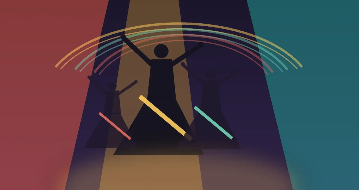 Ilustración editorial de bailarines en movimiento con colores inspirados en la diversidad de la danza latina