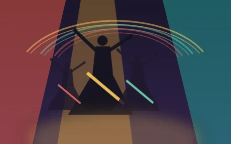 Ilustración editorial de bailarines en movimiento con colores inspirados en la diversidad de la danza latina