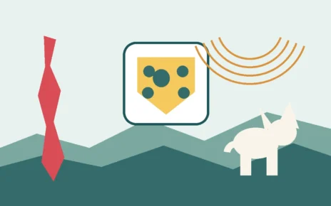 Ilustración editorial de un perro junto a un escudo de protección y un paisaje de Chile