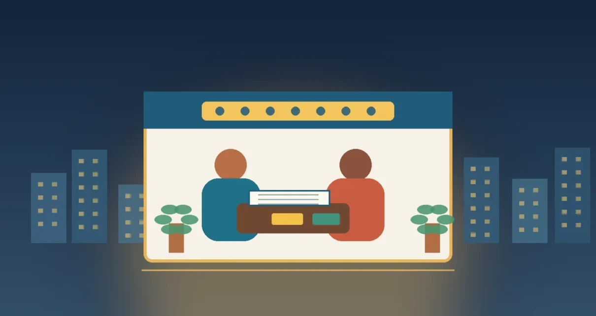 Ilustración de dos dueños de negocio revisando documentos financieros en una clínica comunitaria de Los Ángeles