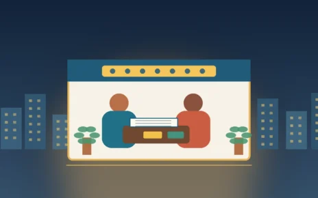 Ilustración de dos dueños de negocio revisando documentos financieros en una clínica comunitaria de Los Ángeles