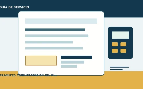 Ilustración editorial de un formulario tributario, un documento de identidad abstracto y una calculadora