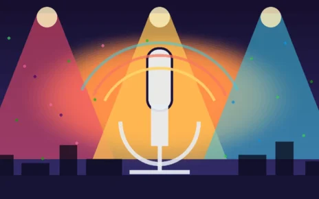 Ilustración editorial de un micrófono iluminado y ondas de transmisión para un concierto en Madrid