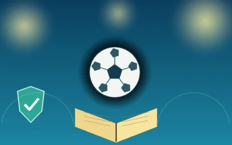 Balón de fútbol sobre un libro abierto junto a un escudo que simboliza educación y protección infantil