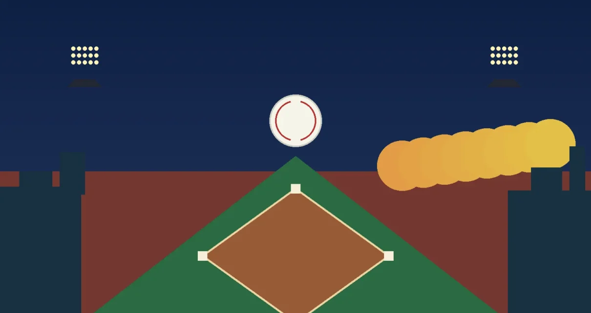 Ilustración editorial de una pelota de béisbol sobre un diamante iluminado al atardecer