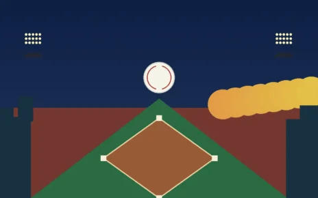 Ilustración editorial de una pelota de béisbol sobre un diamante iluminado al atardecer
