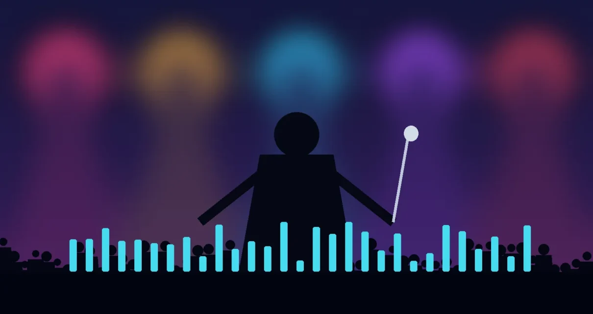 Ilustración de un concierto de música urbana con luces de escenario y público