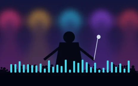 Ilustración de un concierto de música urbana con luces de escenario y público