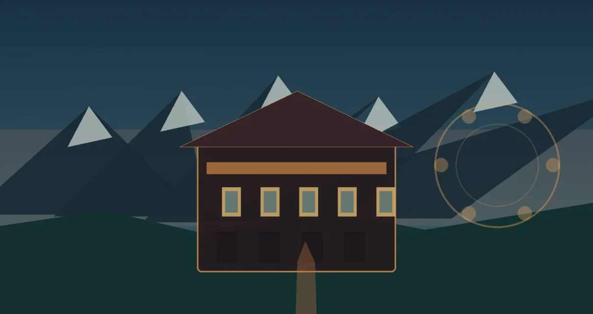 Ilustración editorial de un hotel aislado entre montañas que evoca el ambiente de la película chilena El deshielo