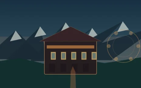 Ilustración editorial de un hotel aislado entre montañas que evoca el ambiente de la película chilena El deshielo