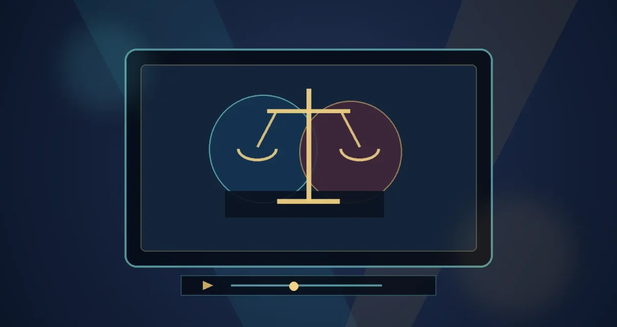 Ilustración de una pantalla de streaming con una balanza de justicia