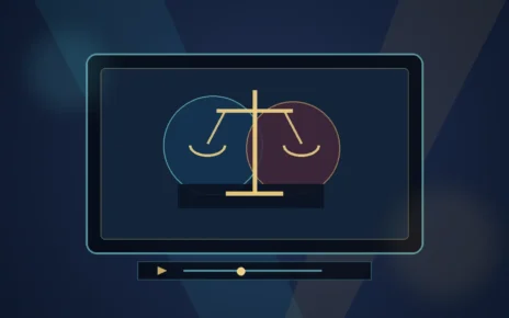 Ilustración de una pantalla de streaming con una balanza de justicia