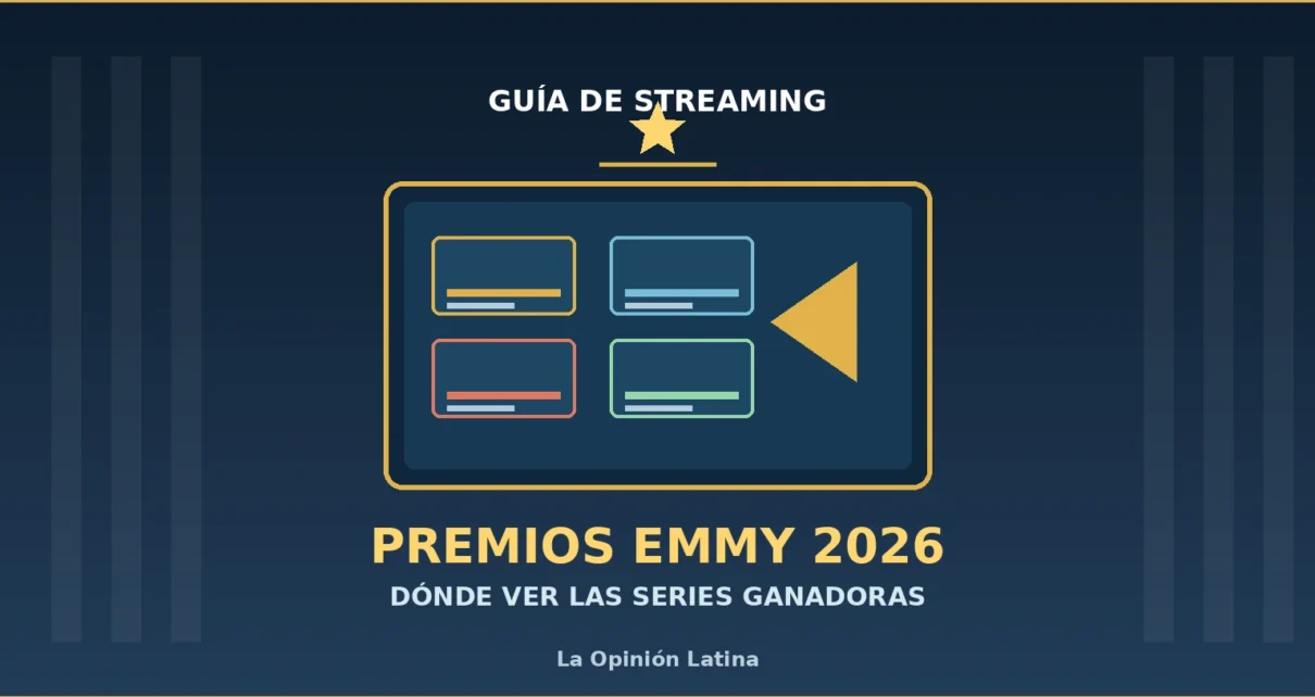 Ilustración editorial: un televisor con tarjetas de catálogo y un símbolo de reproducción sobre fondo azul, con los textos Guía de streaming y Premios Emmy 2026