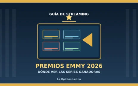 Ilustración editorial: un televisor con tarjetas de catálogo y un símbolo de reproducción sobre fondo azul, con los textos Guía de streaming y Premios Emmy 2026