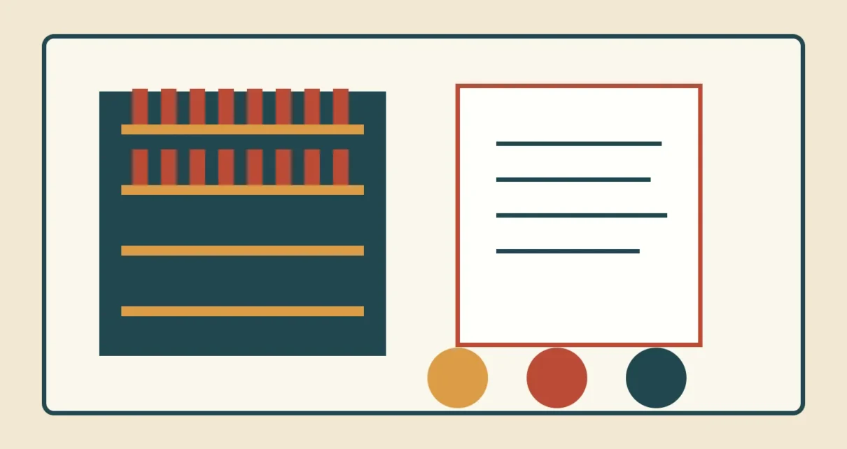 Ilustración de una biblioteca comunitaria junto a un documento cívico y círculos que representan a la comunidad