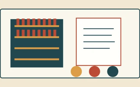 Ilustración de una biblioteca comunitaria junto a un documento cívico y círculos que representan a la comunidad