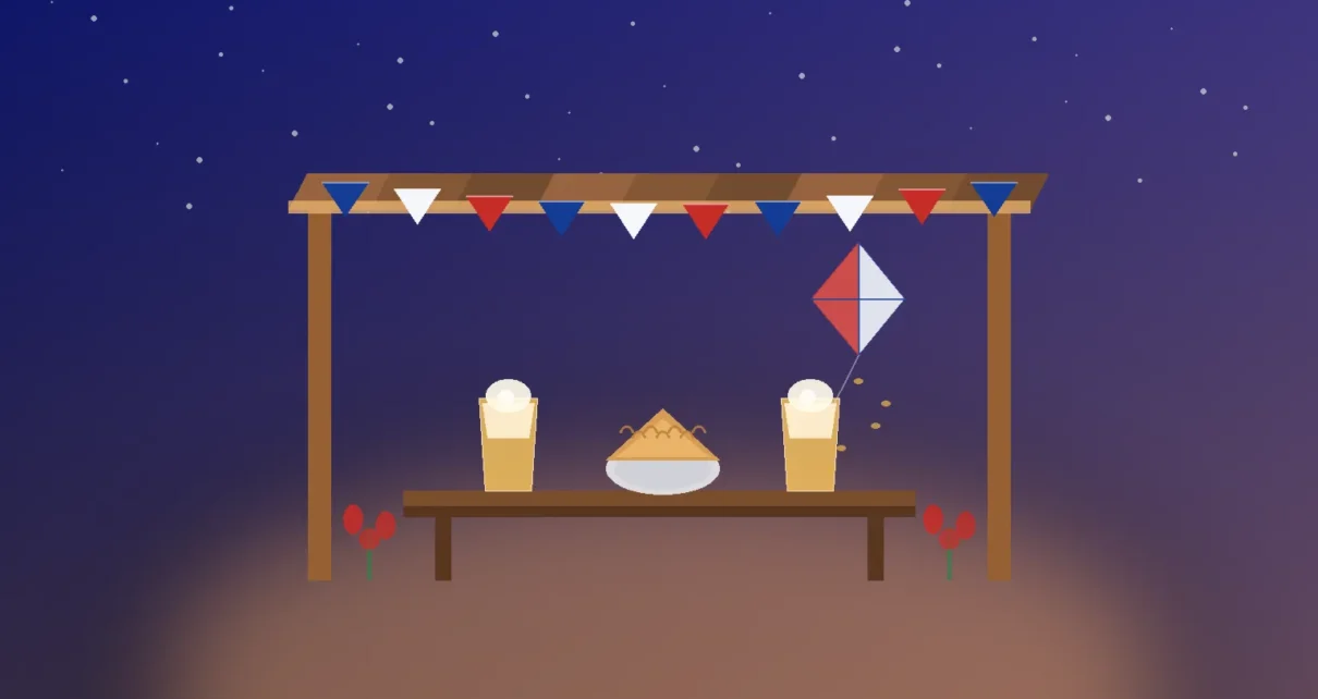 Ilustración editorial de una fonda chilena de noche: toldo con banderines, mesa con dos vasos de terremoto, una empanada de pino y un volantín